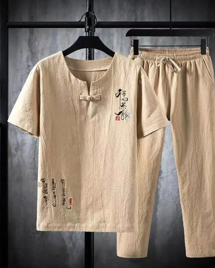 Men's Cotton-Linen Two-Piece T-Shirt and Jogger Pants Set