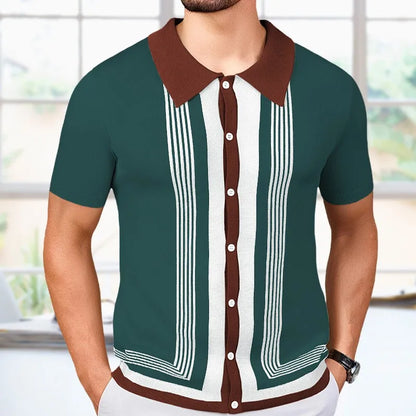 Men's Breathable Striped Knit Patchwork Polo Shirt - Short Sleeve Button-Up