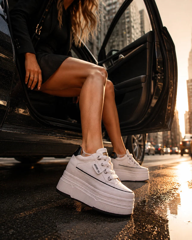 Hidden Heel High Platform Sneakers for Women Chunky Wedge - Genuine Leather