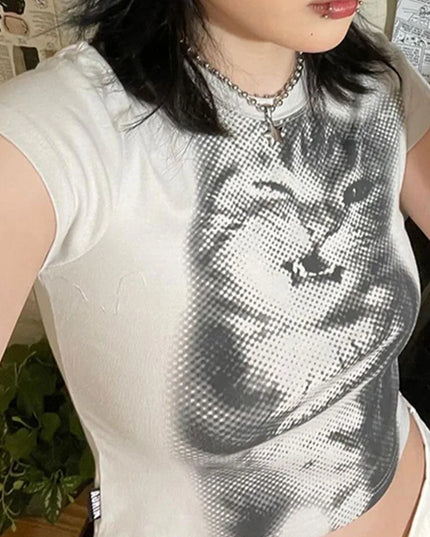 Women's Cat Print Cropped T-Shirt, Crewneck, Slim Fit Tee