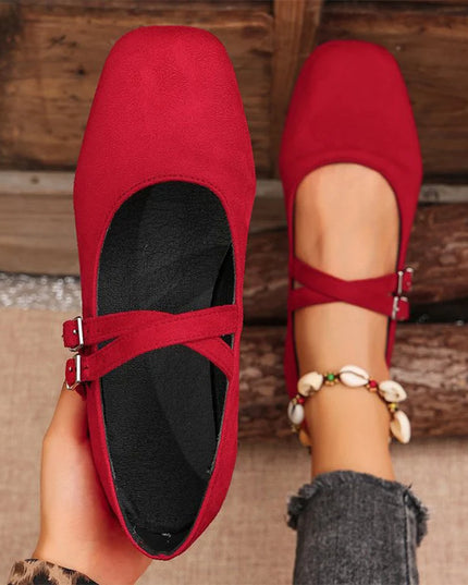 Double Buckle Women’s Square Toe Mary Jane Flats in Faux Suede