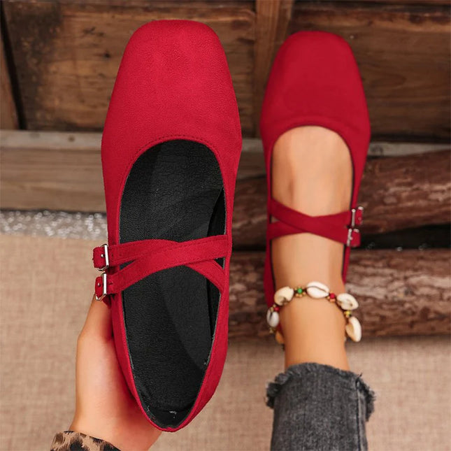 Double Buckle Women’s Square Toe Mary Jane Flats in Faux Suede