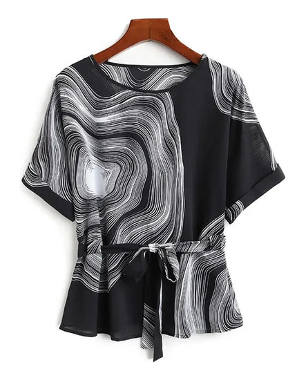 Vintage Chiffon Blouse for Women - Striped, Short Sleeve, Lace-Up