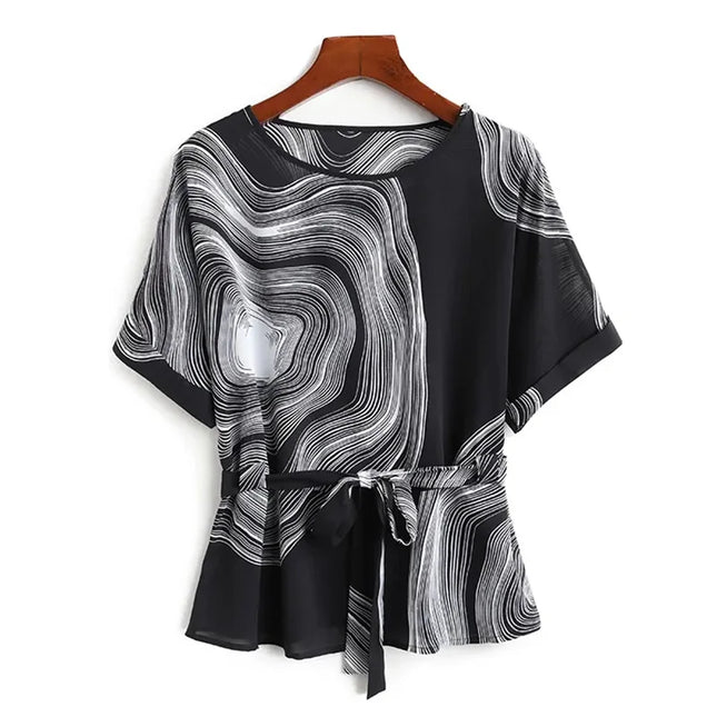 Vintage Chiffon Blouse for Women - Striped, Short Sleeve, Lace-Up