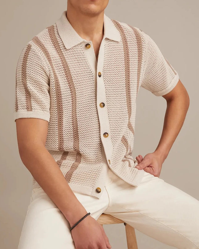 Men's Striped Knitted Shirt with Casual Button-Down Turn-Down Collar