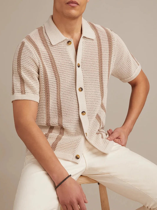 Men's Striped Knitted Shirt with Casual Button-Down Turn-Down Collar