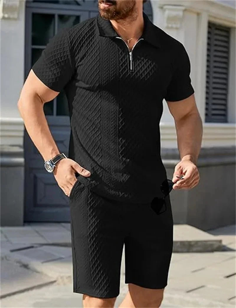 Men's Two-Piece Jacquard Polo Set - Half Zip Polo T-Shirt & Shorts Combo for Men