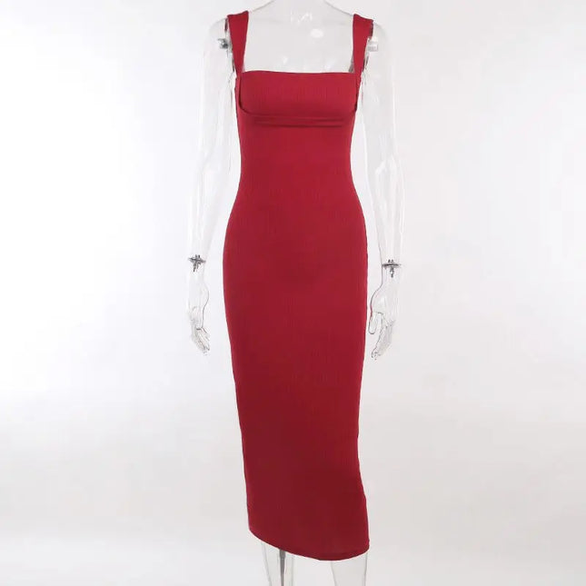 Women's Ribbed Square Neck Bodycon Maxi Dress - Slim Fit