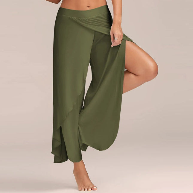 Women's Slit Flared Palazzo Trousers - Wide Leg Chiffon Pants with Side Split