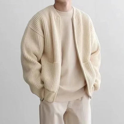 Men's Casual Round Neck Zip-Up Striped Jacket with Pocket – Stylish & Versatile Outerwear