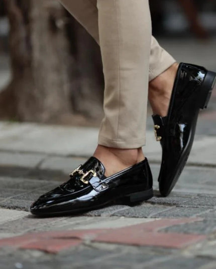 Men’s Pu Leather Loafers – Shiny Leather Slip-On Shoes with Round Toe