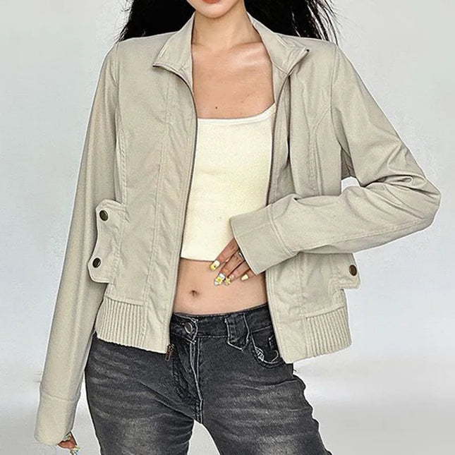 Vintage Jacket for Women – Slim Fit, Stand Collar, Zip-Up Design with Pockets