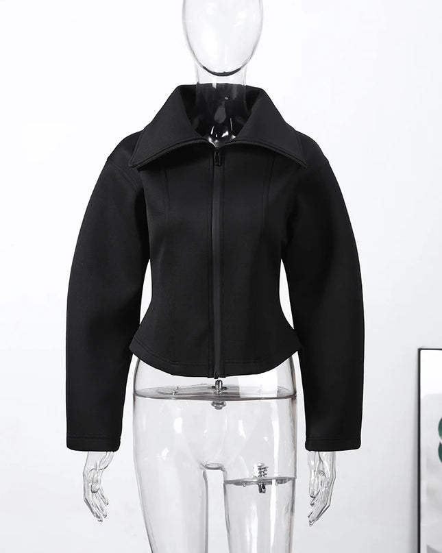 Women's Long Sleeve Zipper Jacket with Turn-Down Collar – Casual and Chic