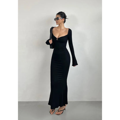 Elegant Women's V-Neck Dress with Flare Sleeves and High Waist Slim Fit Fish Tail Design