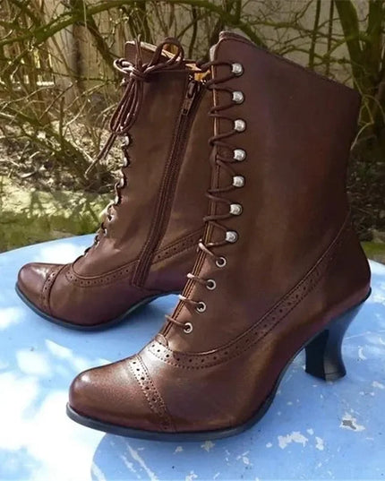 Lace-Up Women's High Heeled Boots with Pointed Toe and Thick Sole