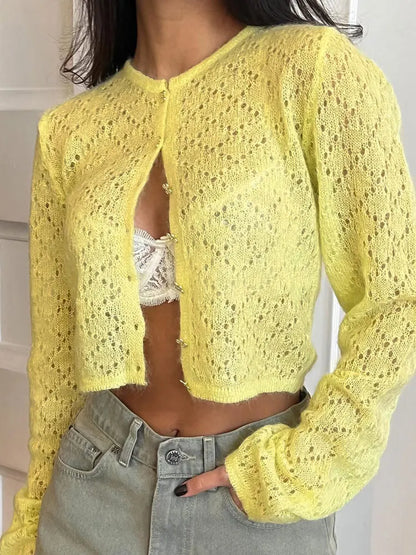 Women's Hollow Out Knit Cardigan - Long Sleeve Casual Cropped See-Through Knitwear