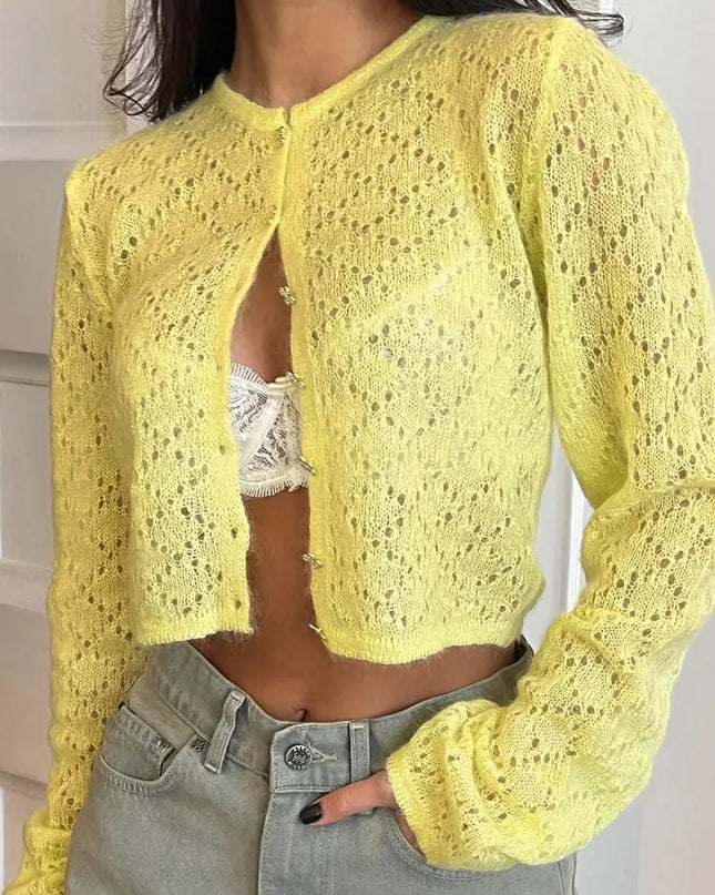 Women's Hollow Out Knit Cardigan - Long Sleeve Casual Cropped See-Through Knitwear