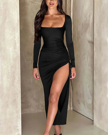 Long Sleeve Drawstring Dress for Women with Ruched High Split and Square Collar