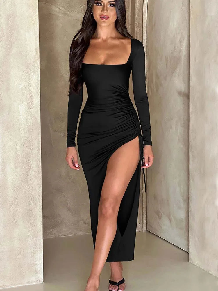 Long Sleeve Drawstring Dress for Women with Ruched High Split and Square Collar