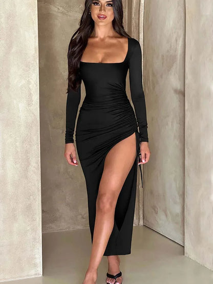 Long Sleeve Drawstring Dress for Women with Ruched High Split and Square Collar