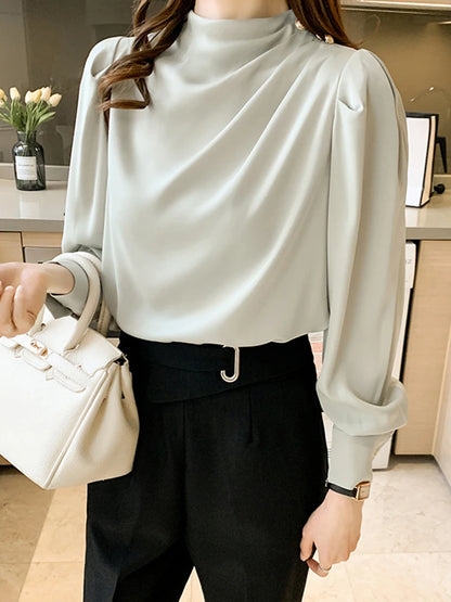 Elegant Women's Satin-Feel Lantern Sleeve Blouse