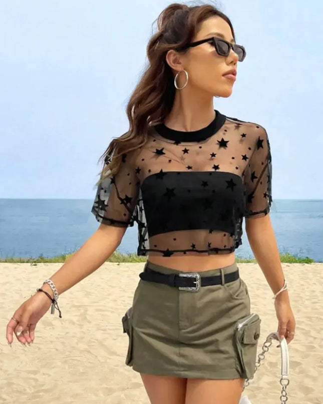 Women's Star-Print Cropped Mesh Top with Drop Shoulders