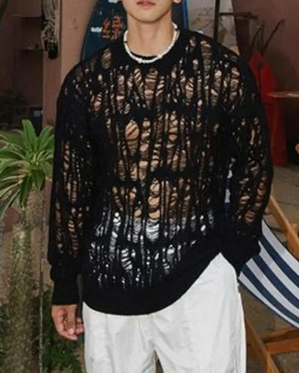 Men's Hollow-Out Mesh Knit Crew Neck Long Sleeve Sweater