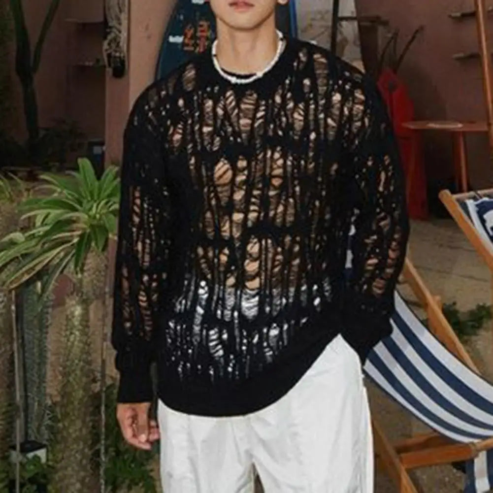Men's Hollow-Out Mesh Knit Crew Neck Long Sleeve Sweater