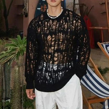 Men's Hollow-Out Mesh Knit Crew Neck Long Sleeve Sweater
