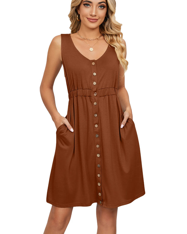 Women’s Sleeveless Button-Down Dress with Elastic Waist – Swing Style, Loose Fit