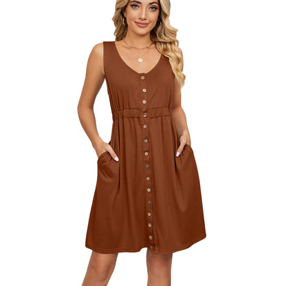 Women’s Sleeveless Button-Down Dress with Elastic Waist – Swing Style, Loose Fit
