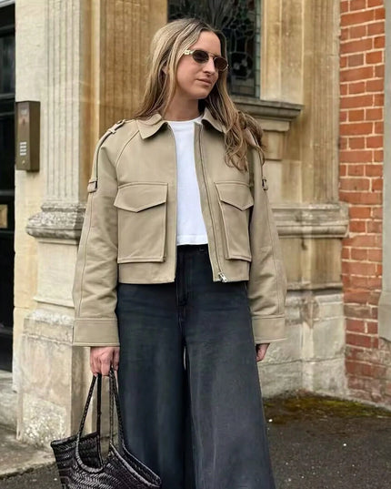 Women's Long Sleeve Casual Jacket with Front Zip Pockets