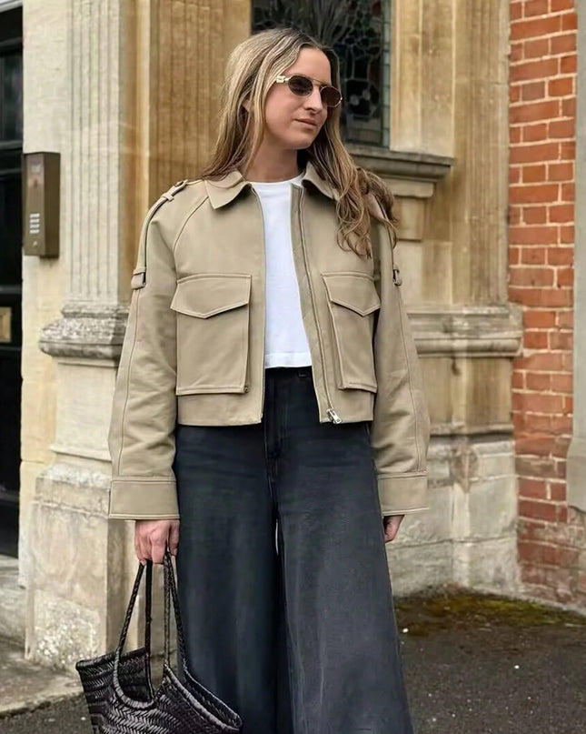Women's Long Sleeve Casual Jacket with Front Zip Pockets