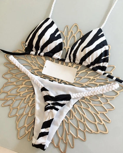 Women's Striped High-Waist Thong Bikini Set