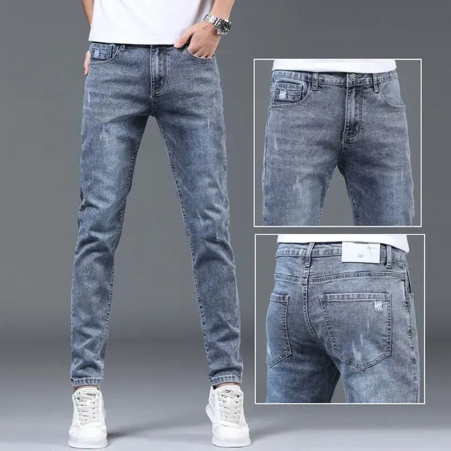 Men's Ripped Slim Fit Stretch Jeans – Straight Leg, Thin Fit Denim Pants for Men