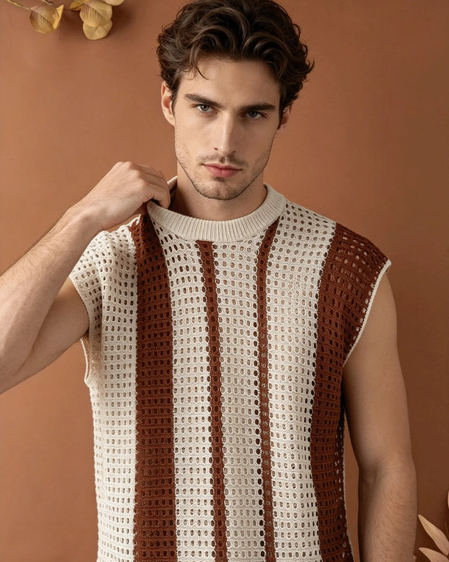 Men's Hollow-Out Knitted Striped Vest - Loose Fit