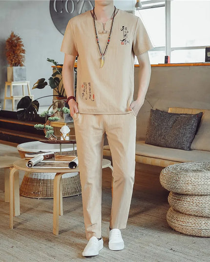 Men's Cotton-Linen Two-Piece T-Shirt and Jogger Pants Set