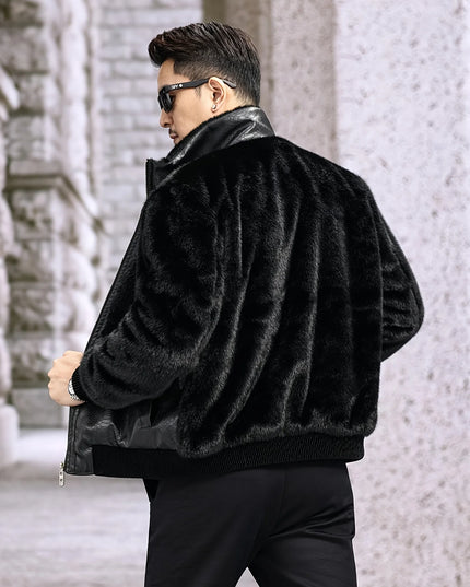 Men's Faux Fur-Spliced Pu Leather Jacket with Stand-Up Collar