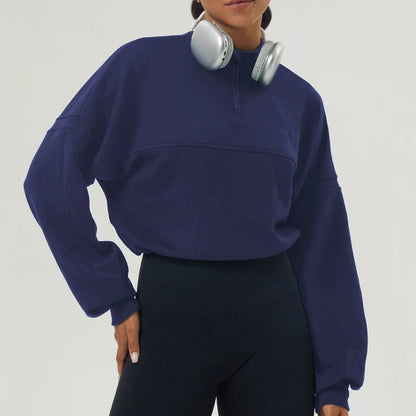 Women's High Neck Oversized Quarter Zip Cropped Sweater with Drawstring