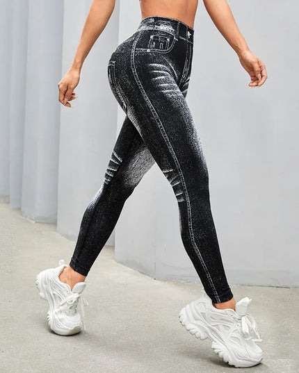 Women’s High-Waisted Seamless Denim-Print Yoga Leggings