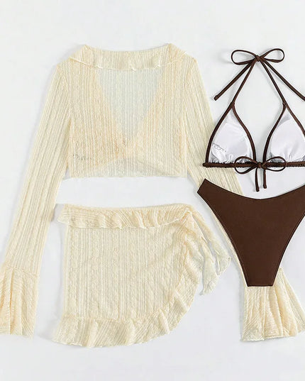 Women's Four-Piece Long-Sleeve Cover-Up Swimwear Set - Stylish Bikini & Beach Cover-Up