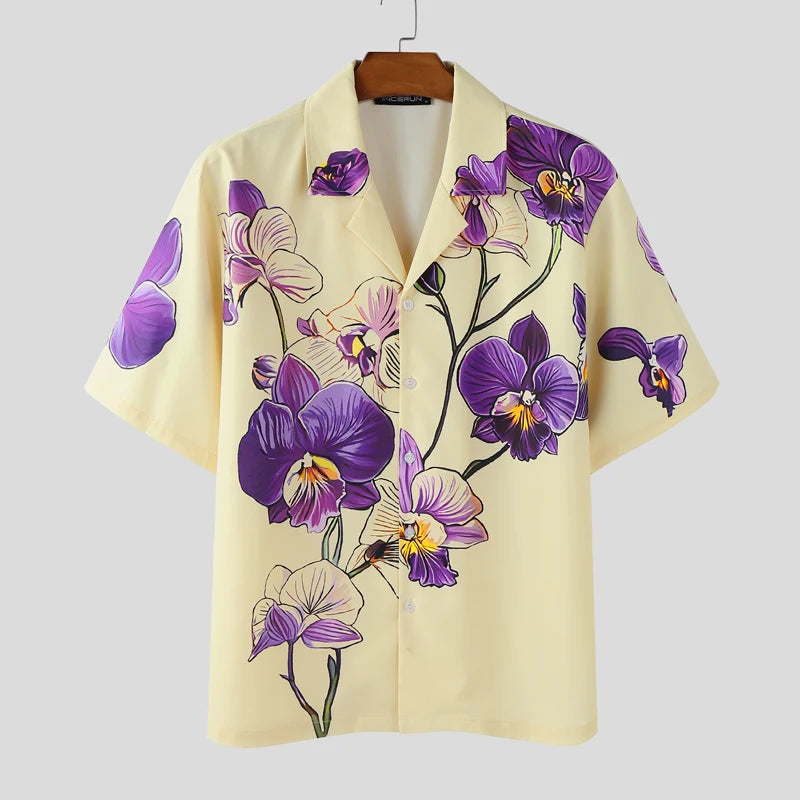 Incerun Men's Floral Print Short Sleeve Shirt with Lapel, Button-Down, Loose Fit