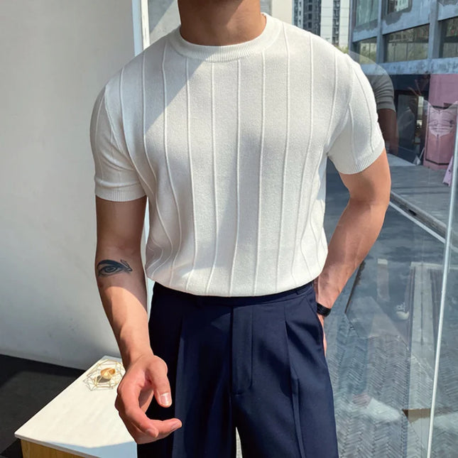 Men's Casual Round Neck Knit T-Shirt with Jacquard Stripe