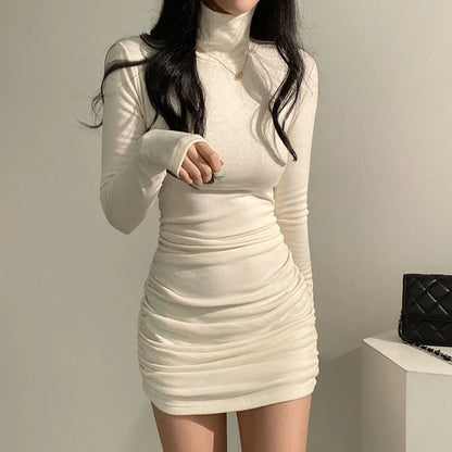 Women's High Waist Thickened Slim Fit Elastic Turtleneck Dress
