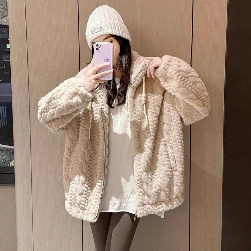 Women's Korean Style Loose Fit Stand Collar Faux Fur Coat