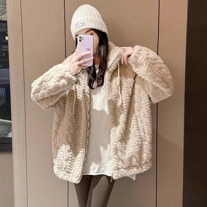Women's Korean Style Loose Fit Stand Collar Faux Fur Coat