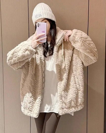Women's Korean Style Loose Fit Stand Collar Faux Fur Coat