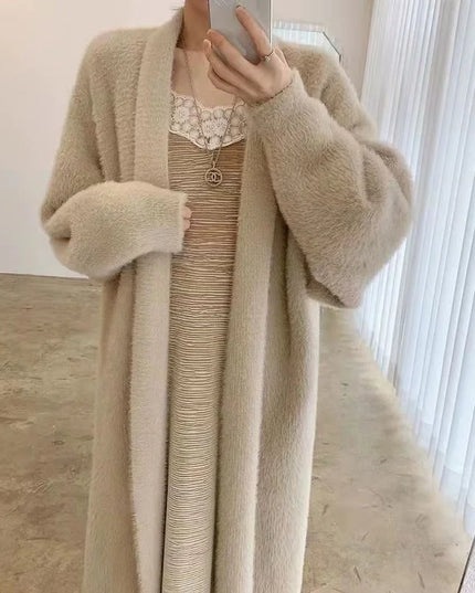 Women's Long Knitted Fluffy Cardigan with Long Sleeves