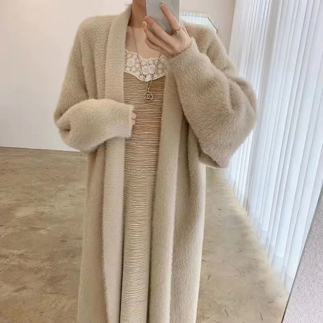 Women's Long Knitted Fluffy Cardigan with Long Sleeves