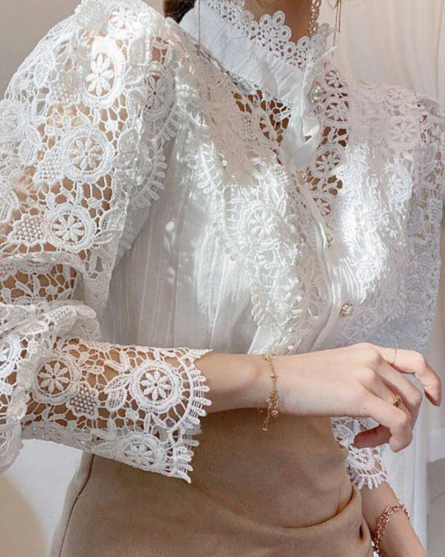 Elegant Women's Chiffon Turtleneck Blouse with Floral Lace Details